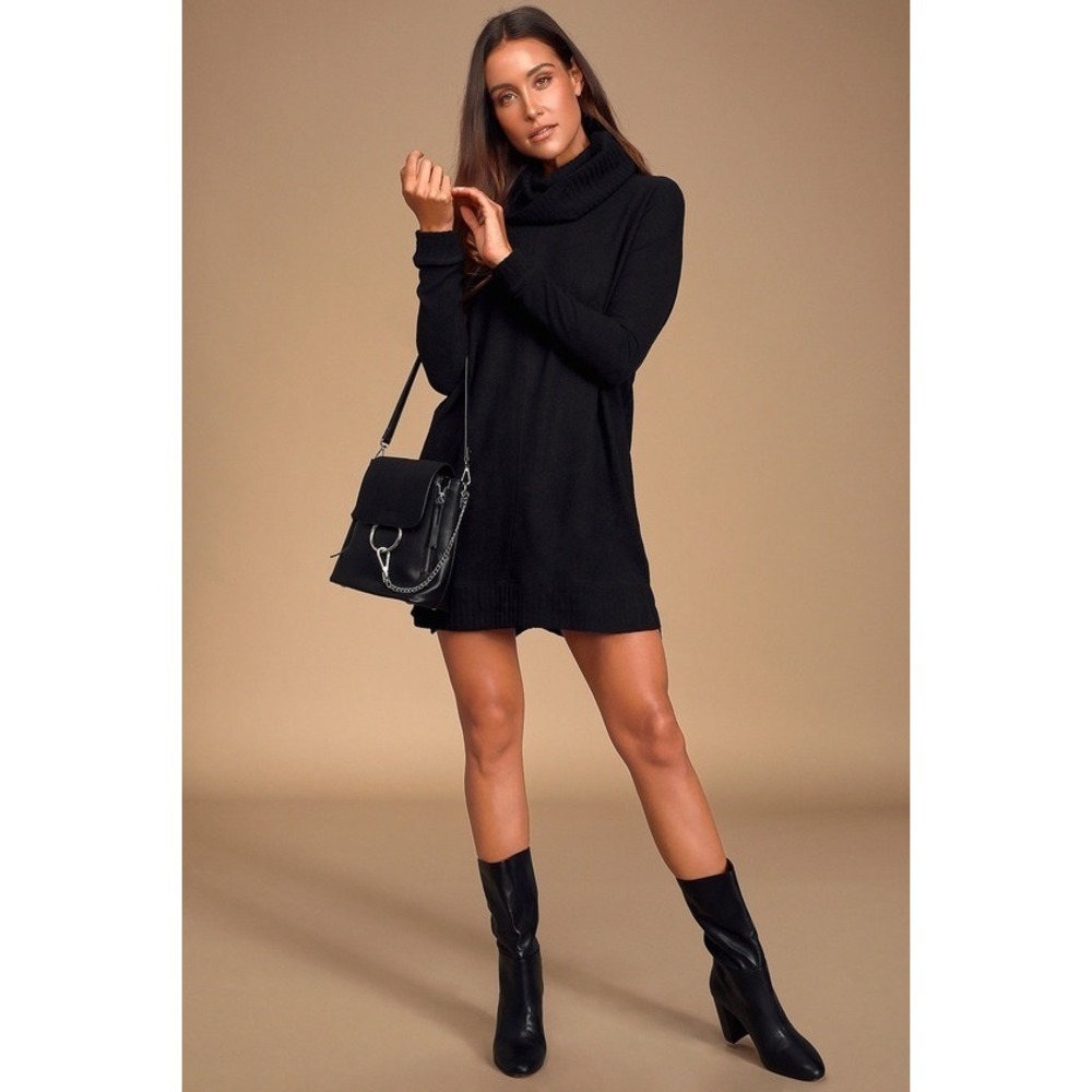 NWT Lulus Autumn Daze Black Cowl Neck Long Sleeve Sweater Dress - Size L